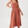Shirred Square-Neck Midi Dress