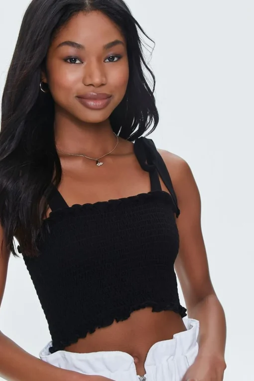 Smocked Ruffled Tie-Strap Crop Top