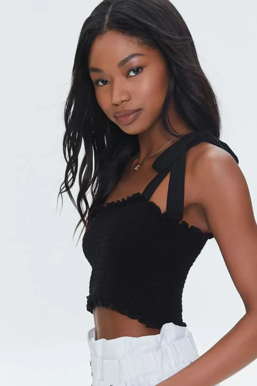 Smocked Ruffled Tie-Strap Crop Top