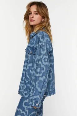 Textured Floral Print Trucker Jacket