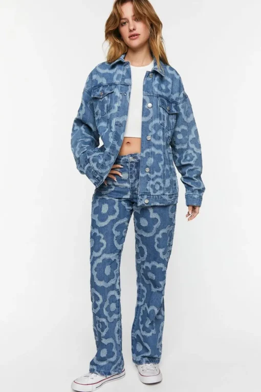 Textured Floral Print Trucker Jacket