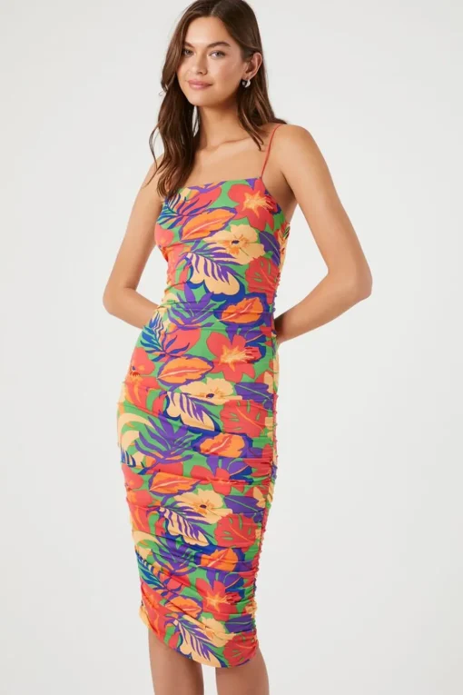 Tropical Print Bodycon Midi Dress