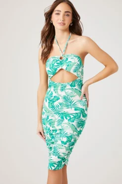 Tropical Print Cutout Halter Dress