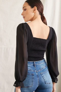 Trumpet-Sleeve Smocked Top