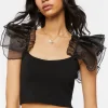 Tulle-Sleeve Crop Top