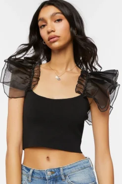Tulle-Sleeve Crop Top