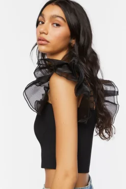 Tulle-Sleeve Crop Top