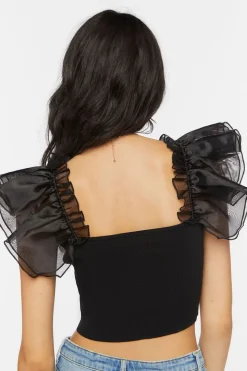Tulle-Sleeve Crop Top
