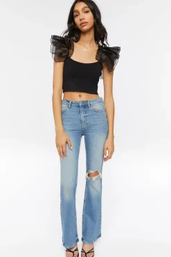 Tulle-Sleeve Crop Top