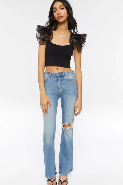 Tulle-Sleeve Crop Top