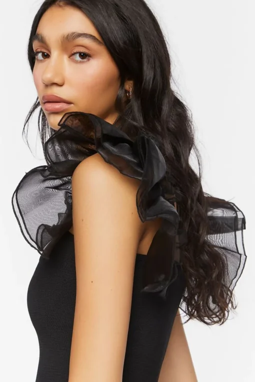 Tulle-Sleeve Crop Top