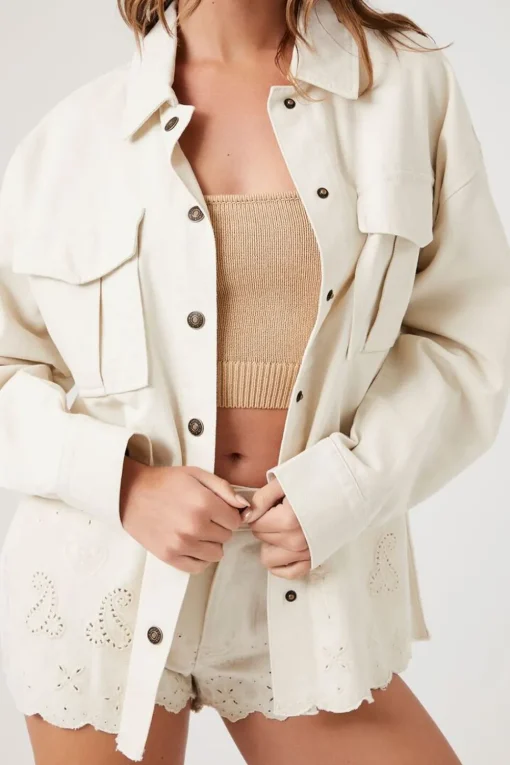 Twill Scalloped Eyelet Shacket
