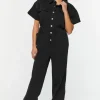 Twill Straight-Leg Shirt Jumpsuit
