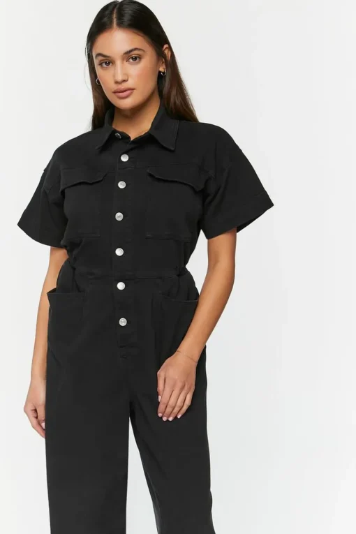 Twill Straight-Leg Shirt Jumpsuit