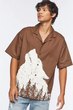 Twill Wolf Graphic Button-Front Shirt
