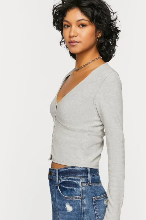 V-Neck Button-Front Crop Top
