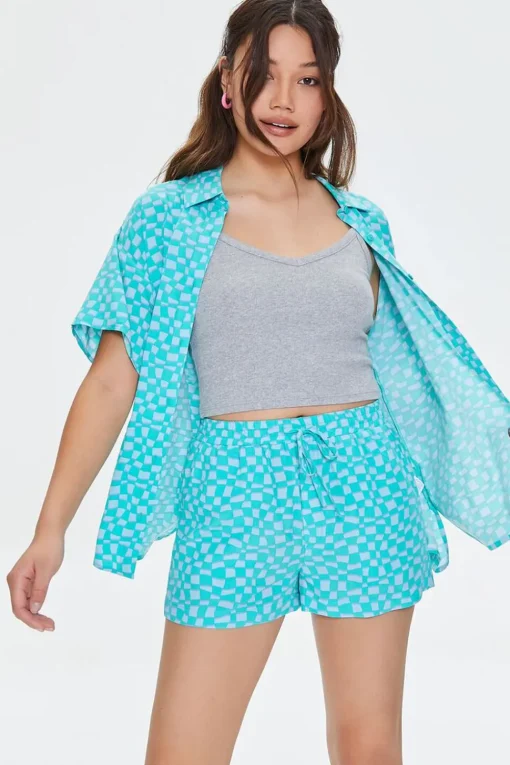 Wavy Checkered Drawstring Shorts