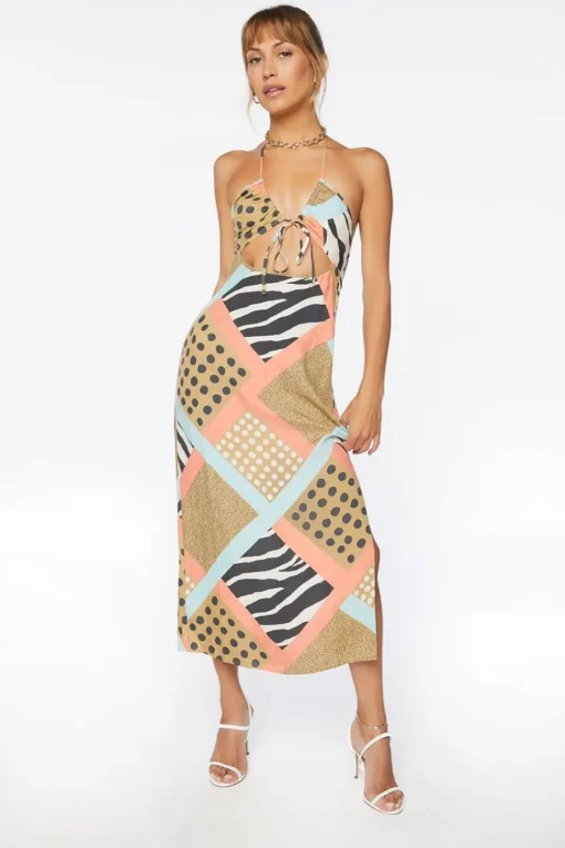 Zebra Patternblock Halter Midi Dress